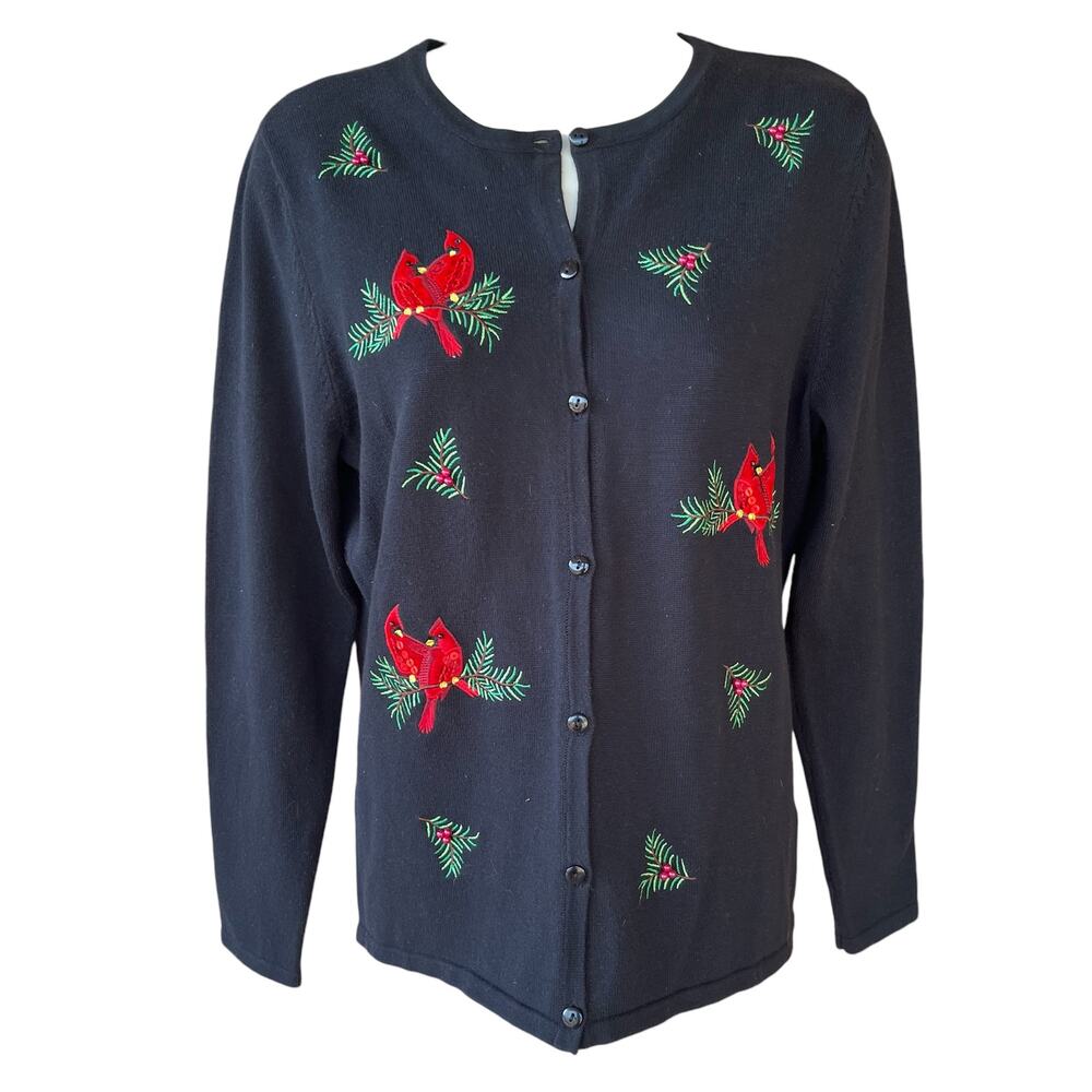 Croft & Barrow Tight Knit Button Front Holiday Cardinal Sweater Black Womens S